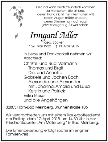Anzeige  Irmgard Adler  Lippische Landes-Zeitung