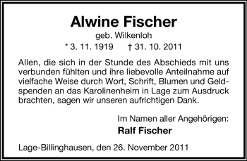Anzeige  Alwine Fischer  Lippische Landes-Zeitung