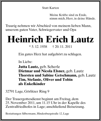 Anzeige  Heinrich Erich Lautz  Lippische Landes-Zeitung