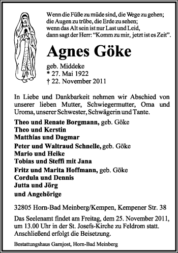 Anzeige  Agnes Göke  Lippische Landes-Zeitung