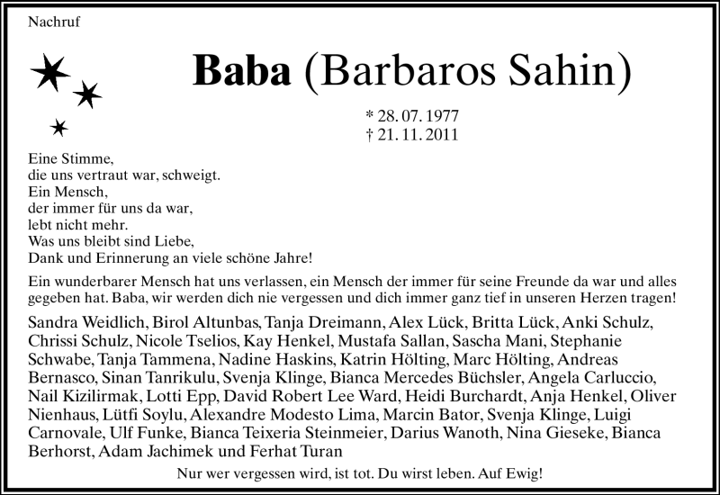  Traueranzeige für Barbaros Sahin vom 26.11.2011 aus Lippische Landes-Zeitung