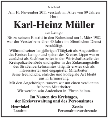 Anzeige  Karl-Heinz Müller  Lippische Landes-Zeitung