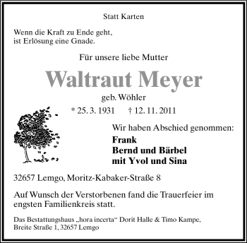 Anzeige  Waltraut Meyer  Lippische Landes-Zeitung