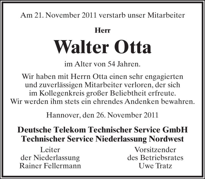  Traueranzeige für Walter Otta vom 26.11.2011 aus Lippische Landes-Zeitung