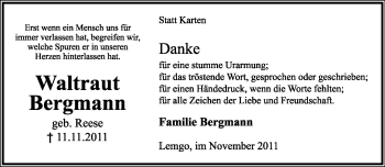 Anzeige  Waltraut Bergmann  Lippische Landes-Zeitung