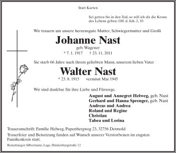 Anzeige  Johanne Nast  Lippische Landes-Zeitung