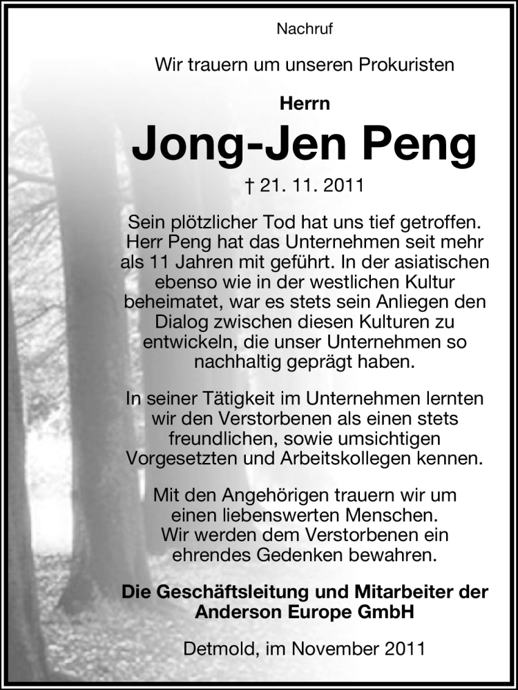  Traueranzeige für Jong-Jen Peng vom 25.11.2011 aus Lippische Landes-Zeitung