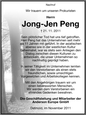 Anzeige  Jong-Jen Peng  Lippische Landes-Zeitung