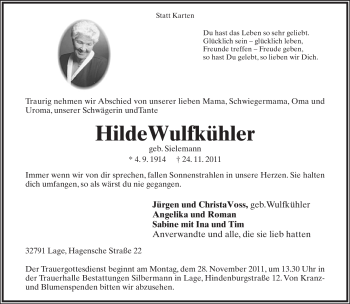 Anzeige  Hilde Wulfkühler  Lippische Landes-Zeitung