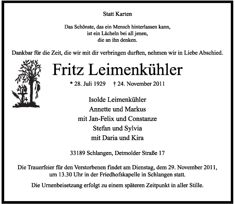  Traueranzeige für Fritz Leimenkühler vom 25.11.2011 aus Lippische Landes-Zeitung