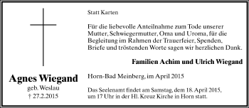 Anzeige  Agnes Wiegand  Lippische Landes-Zeitung