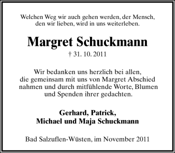Anzeige  Margret Schuckmann  Lippische Landes-Zeitung