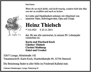 Anzeige  Heinz Thielsch  Lippische Landes-Zeitung