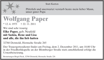Anzeige  Wolfgang Paper  Lippische Landes-Zeitung