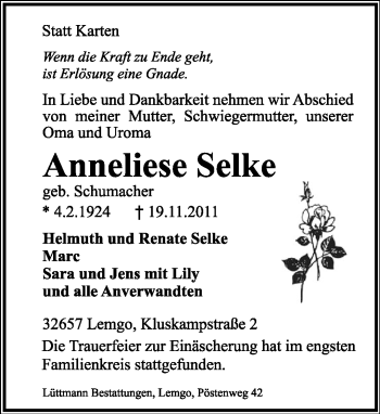 Anzeige  Anneliese Selke  Lippische Landes-Zeitung