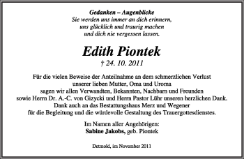 Anzeige  Edith Piontek  Lippische Landes-Zeitung