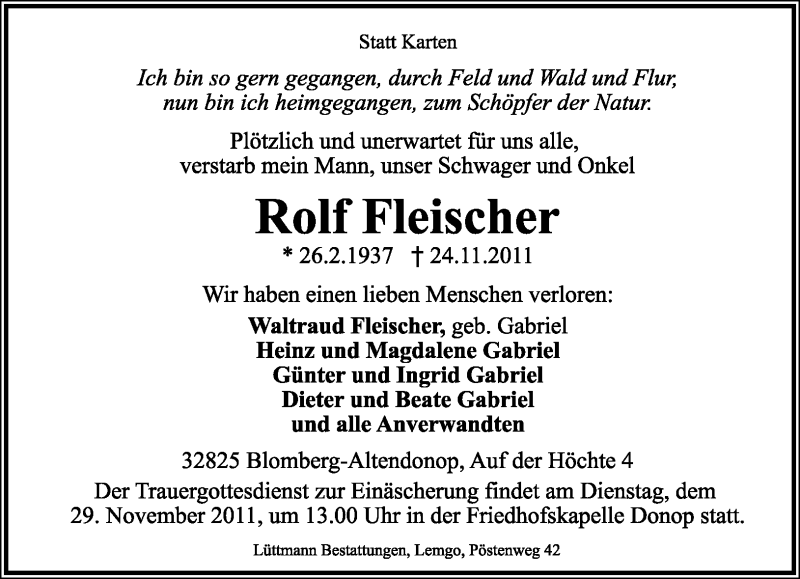  Traueranzeige für Rolf Fleischer vom 26.11.2011 aus Lippische Landes-Zeitung