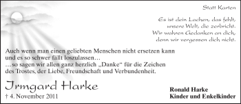 Anzeige  Irmgard Harke  Lippische Landes-Zeitung