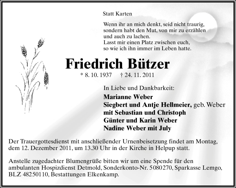  Traueranzeige für Friedrich Bützer vom 26.11.2011 aus Lippische Landes-Zeitung