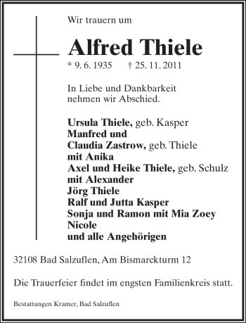 Anzeige  Alfred Thiele  Lippische Landes-Zeitung