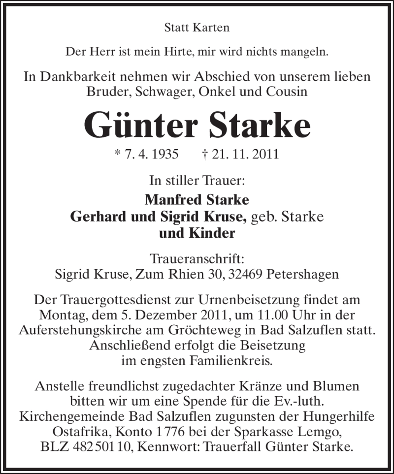  Traueranzeige für Günter Starke vom 29.11.2011 aus Lippische Landes-Zeitung