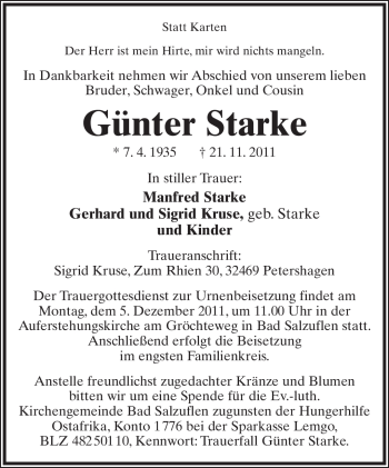 Anzeige  Günter Starke  Lippische Landes-Zeitung