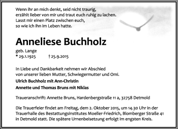 Anzeige  Anneliese Buchholz  Lippische Landes-Zeitung