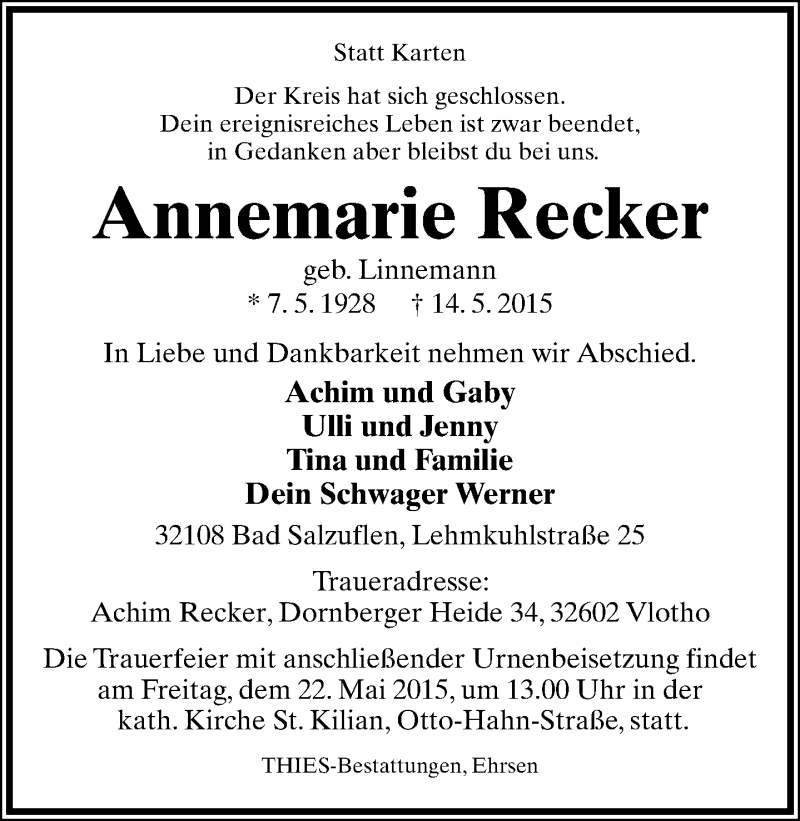 Traueranzeige für Annemarie Recker vom 20.05.2015 aus Lippische Landes-Zeitung