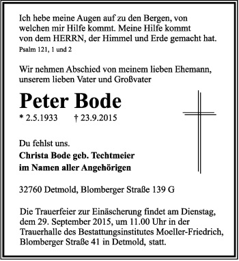 Anzeige  Peter Bode  Lippische Landes-Zeitung