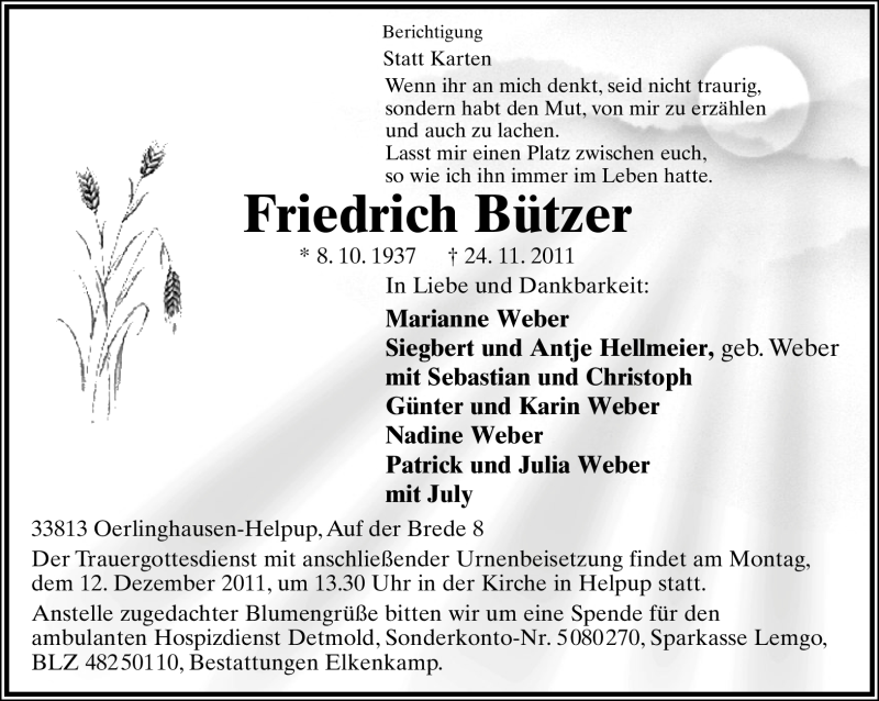  Traueranzeige für Friedrich Bützer vom 29.11.2011 aus Lippische Landes-Zeitung