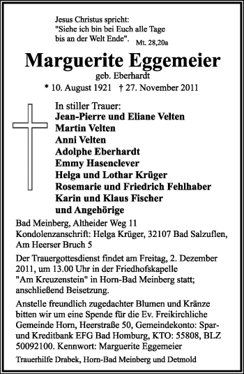 Anzeige  Marguerite Eggemeier  Lippische Landes-Zeitung