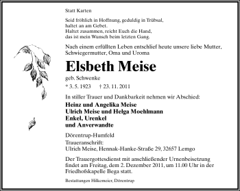 Anzeige  Elsbeth Meise  Lippische Landes-Zeitung