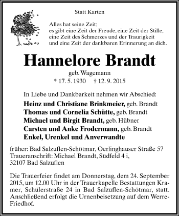 Anzeige  Hannelore Brandt  Lippische Landes-Zeitung