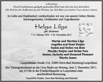 Anzeige  Helga Lilge  Lippische Landes-Zeitung