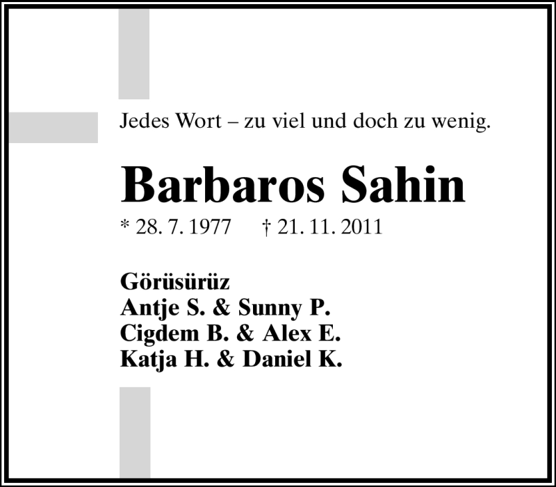  Traueranzeige für Barbaros Sahin vom 03.12.2011 aus Lippische Landes-Zeitung
