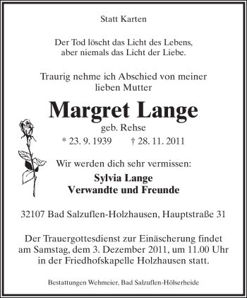Anzeige  Margret Lange  Lippische Landes-Zeitung