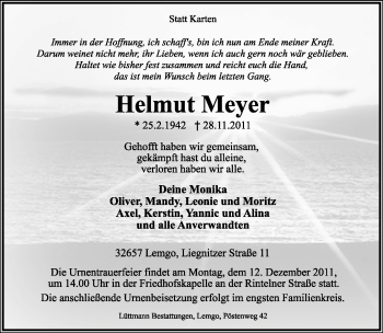 Anzeige  Helmut Meyer  Lippische Landes-Zeitung