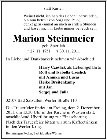 Anzeige  Marion Steinmeier  Lippische Landes-Zeitung