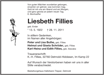 Anzeige  Liesbeth Fillies  Lippische Landes-Zeitung