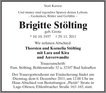 Anzeige  Brigitte Stölting  Lippische Landes-Zeitung
