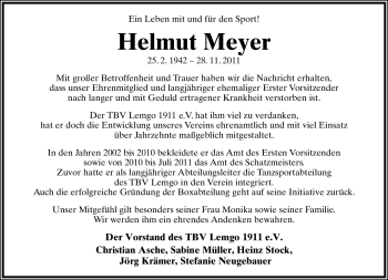 Anzeige  Helmut Meyer  Lippische Landes-Zeitung