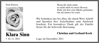 Anzeige  Klara Sinn  Lippische Landes-Zeitung
