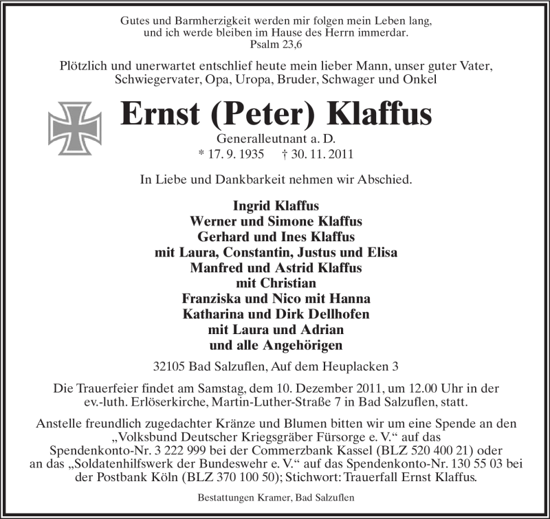  Traueranzeige für Ernst Klaffus vom 03.12.2011 aus Lippische Landes-Zeitung