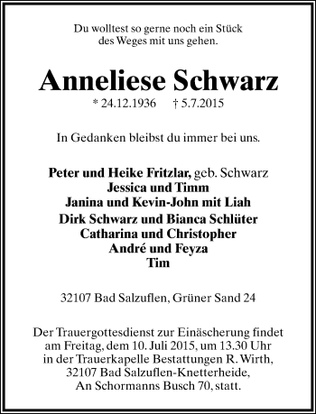 Anzeige  Anneliese Schwarz  Lippische Landes-Zeitung