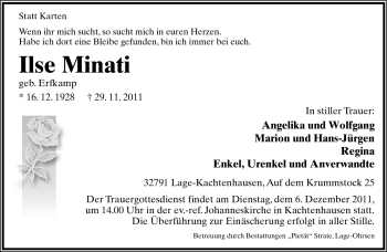 Anzeige  Ilse Minati  Lippische Landes-Zeitung