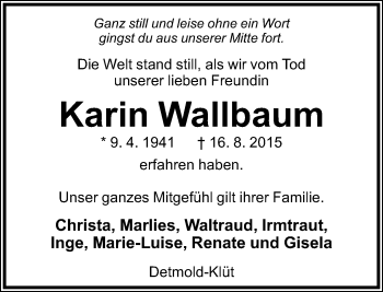 Anzeige  Karin Wallbaum  Lippische Landes-Zeitung