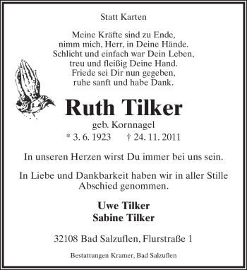 Anzeige  Ruth Tilker  Lippische Landes-Zeitung