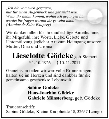 Anzeige  Lieselotte Gödeke  Lippische Landes-Zeitung