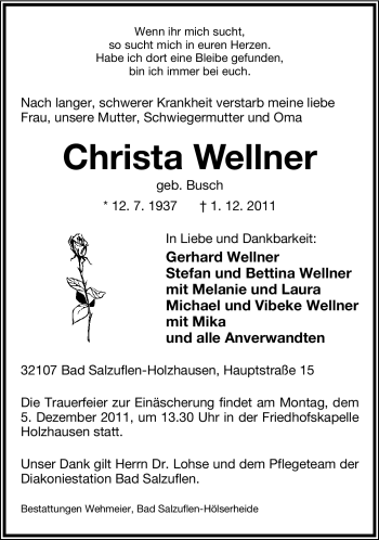 Anzeige  Christa Wellner  Lippische Landes-Zeitung