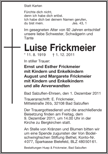 Anzeige  Luise Frickmeier  Lippische Landes-Zeitung